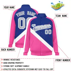 Royal Pink Raglan Full-Snap Letterman Baseball Jacket 2