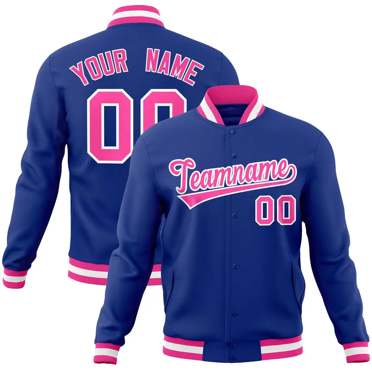 Royal Pink-White Classic Varsity Full-Snap Letterman Jacket