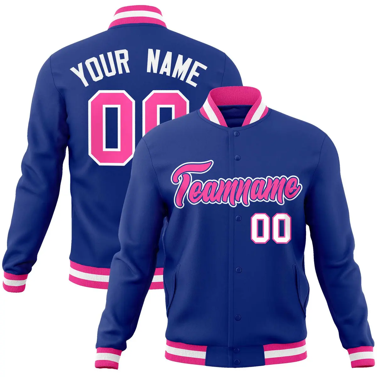 Royal Pink-White Classic Varsity Full-Snap Letterman Jacket