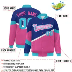 Royal Pink-White Color Block Varsity Bomber Baseball Jacket 2