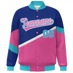 Royal Pink-White Color Block Varsity Bomber Baseball Jacket 3