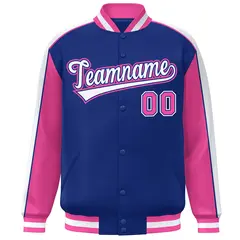 Royal Pink-White Color Block Varsity Bomber Baseball Jacket 3