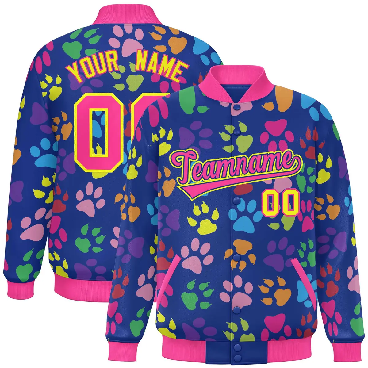 Royal Pink-Yellow Paw Prints Graffiti Varsity Letterman Baseball Jacket