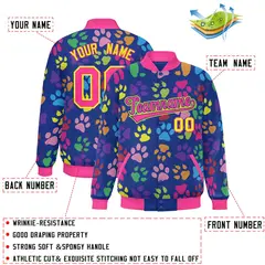 Royal Pink-Yellow Paw Prints Graffiti Varsity Letterman Baseball Jacket 2