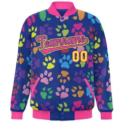 Royal Pink-Yellow Paw Prints Graffiti Varsity Letterman Baseball Jacket 3