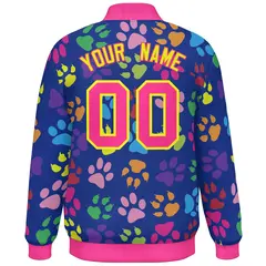 Royal Pink-Yellow Paw Prints Graffiti Varsity Letterman Baseball Jacket 4