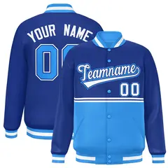 Royal Powder Blue Color Block Varsity Full-Snap Letterman Jacket 1