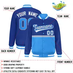 Royal Powder Blue Color Block Varsity Full-Snap Letterman Jacket 2