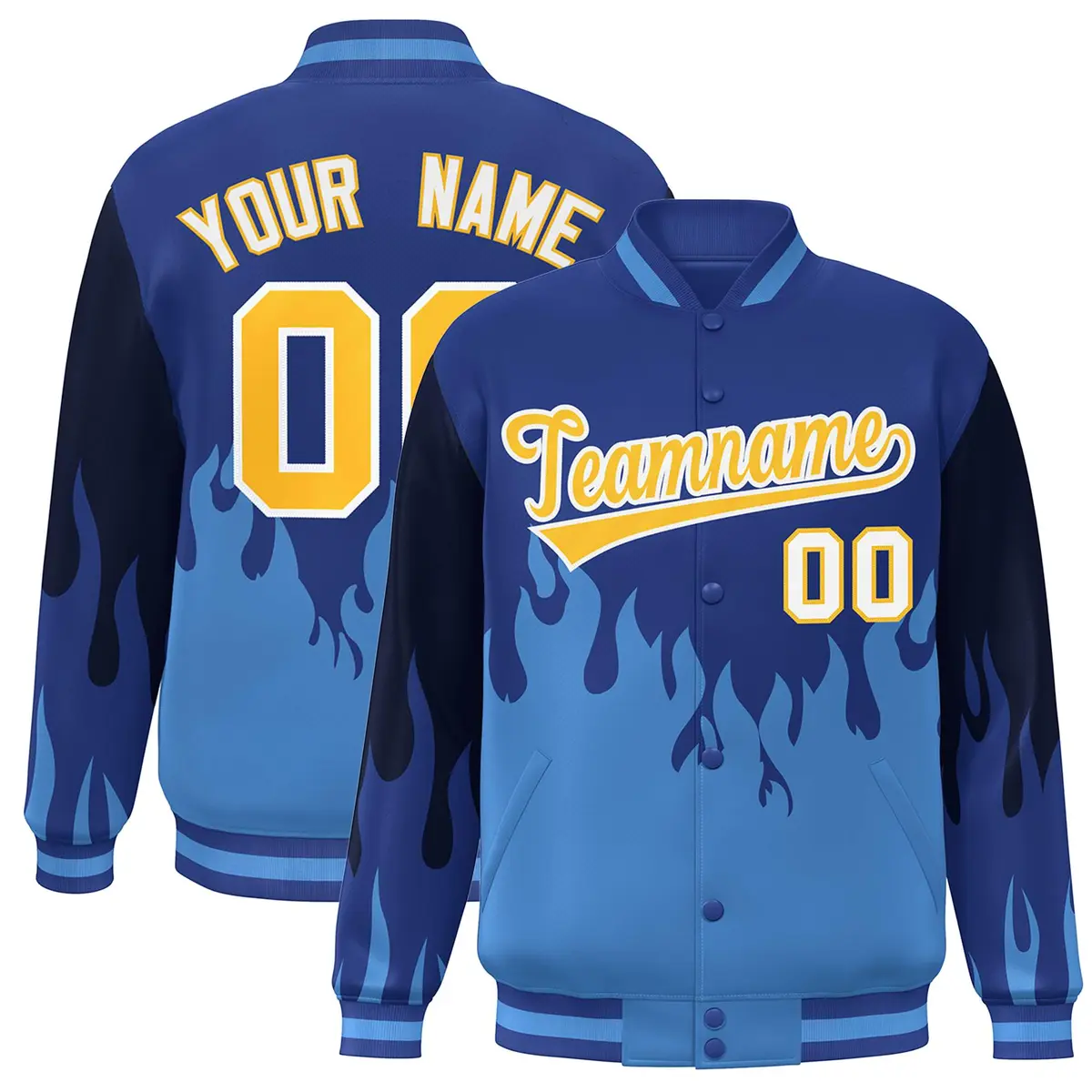 Royal Powder Blue-Gold Flame Graffiti Full-Snap Bomber Jacket