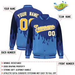 Royal Powder Blue-Gold Flame Graffiti Full-Snap Bomber Jacket 2
