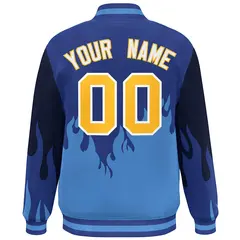 Royal Powder Blue-Gold Flame Graffiti Full-Snap Bomber Jacket 4