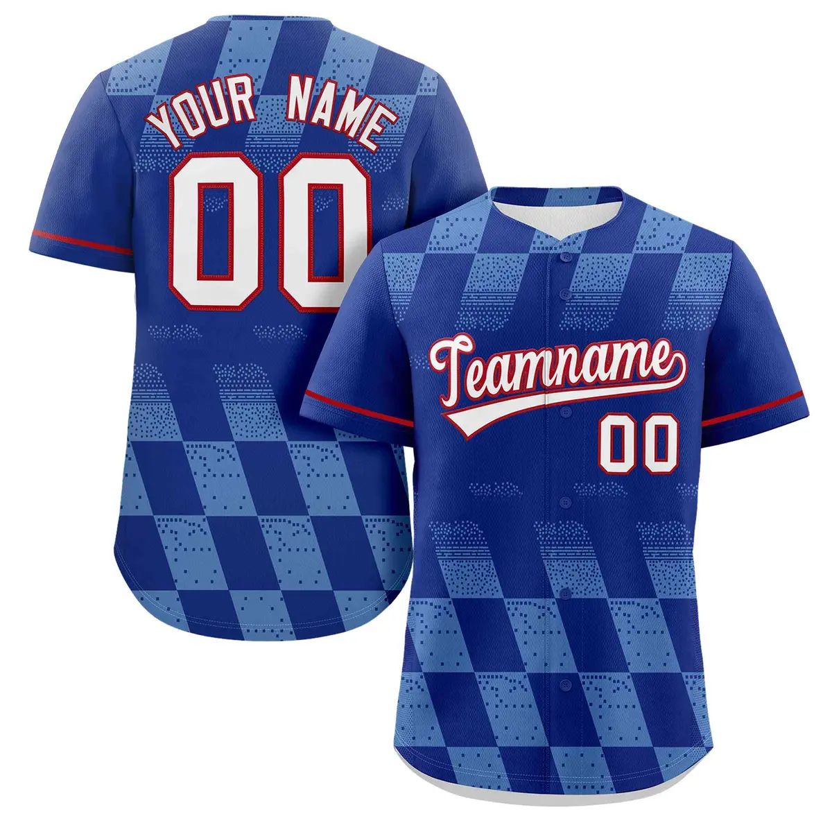 Royal Powder Blue Grid Speckles Color Block Baseball Jersey