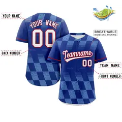 Royal Powder Blue Grid Speckles Color Block Baseball Jersey 2
