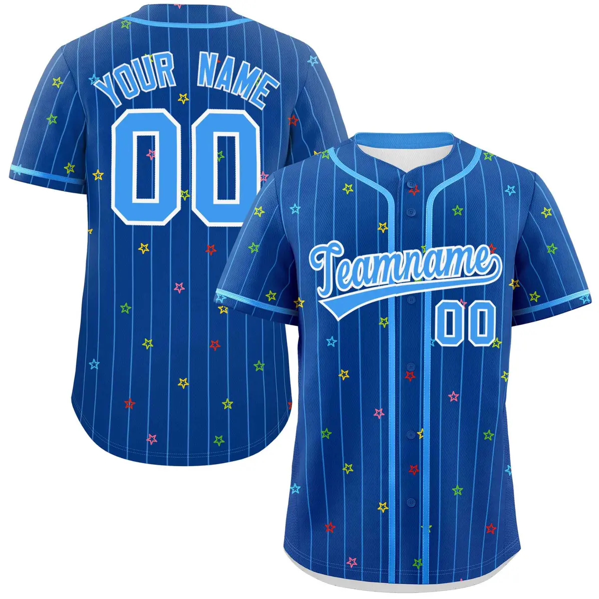 Royal Powder Blue Star Pattern Stripe Baseball Jersey