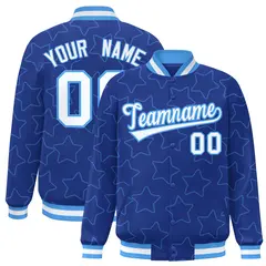 Royal Powder Blue Star Pattern Varsity Full-Snap Letterman Baseball Jacket