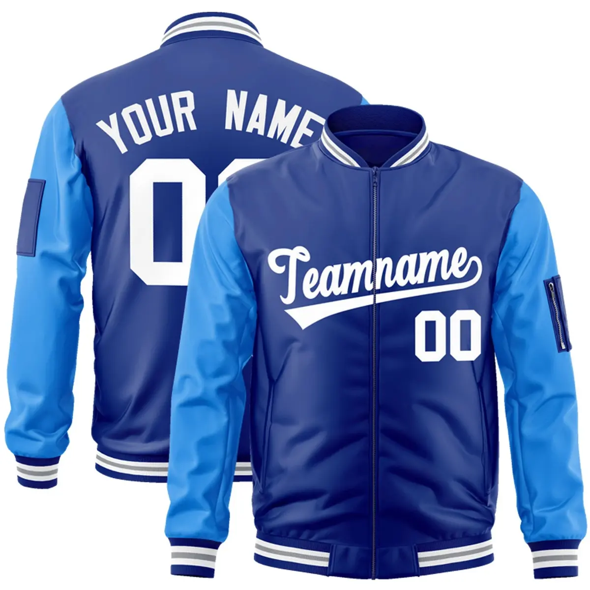 Royal Powder Blue-White Raglan Varsity Letterman Bomber Jacket
