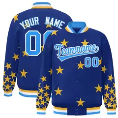 Royal Powder Blue-White Star Graffiti Varsity Full-Snap Bomber Jacket