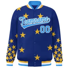 Royal Powder Blue-White Star Graffiti Varsity Full-Snap Bomber Jacket 3