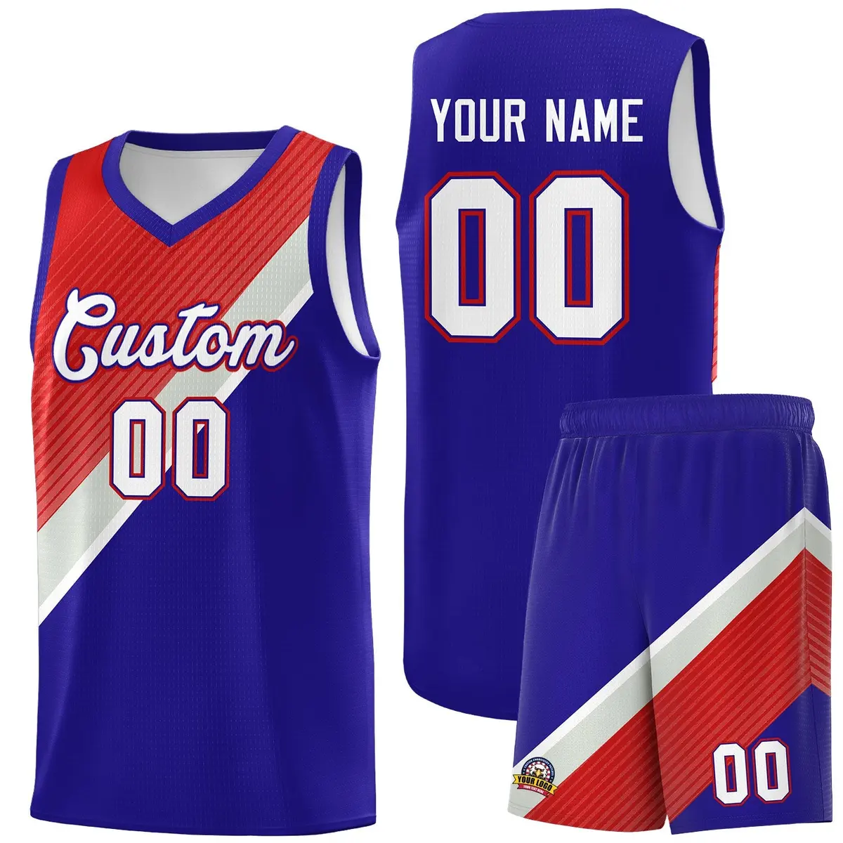 Royal Red Gray Diagonal Stripes Color Block Basketball Jersey