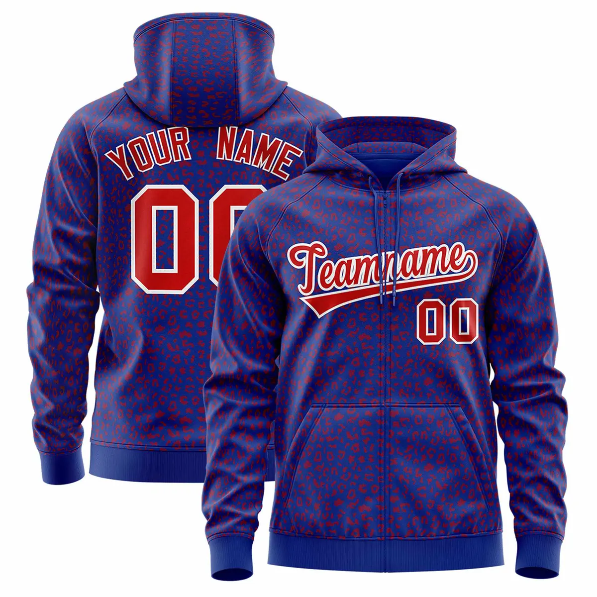 Royal Red Leopard Print Varsity Full-Zip Letterman Jacket Hoodie