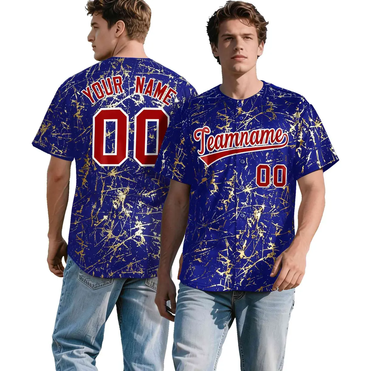 Royal Red Metallic Gold Splatter Baseball Jersey