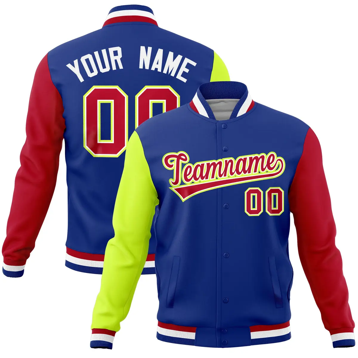 Royal Red-Neon Green Raglan Full-Snap Varsity Letterman Jacket