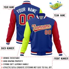 Royal Red-Neon Green Raglan Full-Snap Varsity Letterman Jacket 4