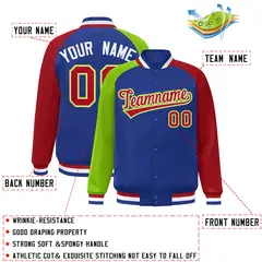 Royal Red-Neon Green Varsity Raglan Letterman Bomber Jacket 2
