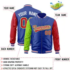 Royal Red-Neon Green Varsity Raglan Letterman Bomber Jacket 2
