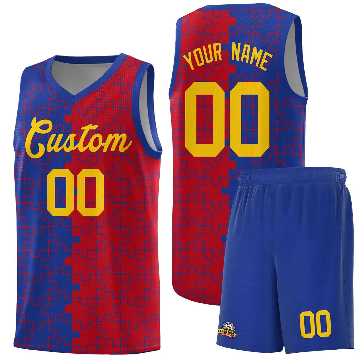 Royal Red Puzzle Pattern Splid Basketball Kits
