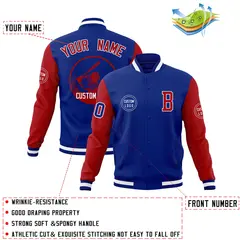 Royal Red Raglan Sleeves Full-Snap Varsity Letterman Jacket 4
