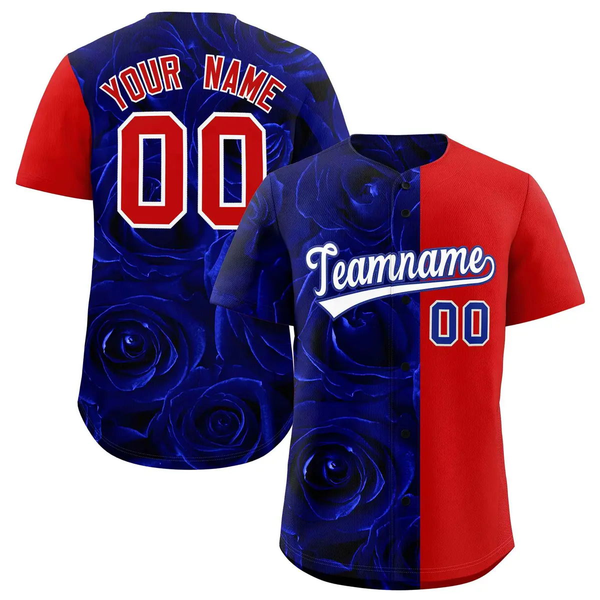 Royal Red Rose Print Split Baseball Jersey