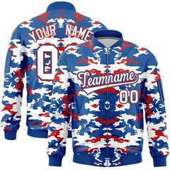 Royal Red-White Camo Full-Zip Letterman Bomber Jacket