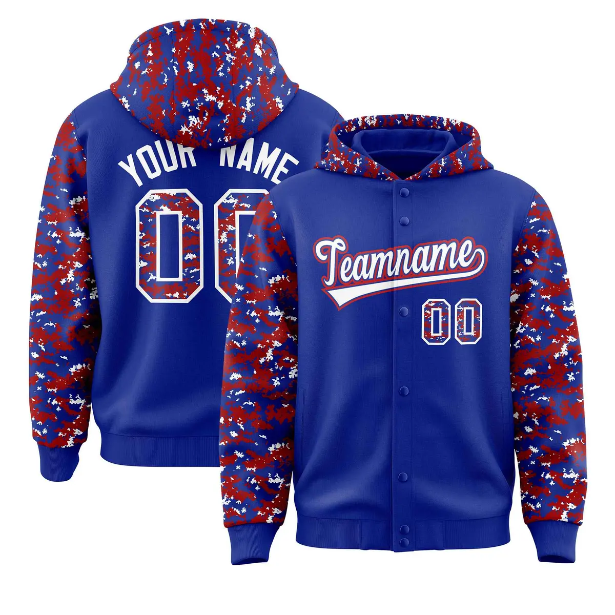 Royal Red-White Camo Raglan Varsity Letterman Hoodie Jacket
