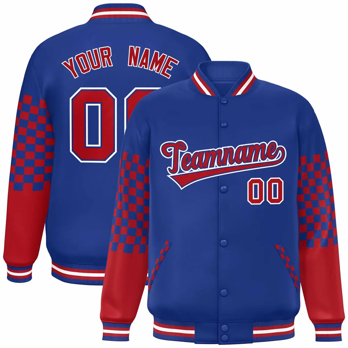 Royal Red-White Checkered Color Block Bomber Varsity Jacket