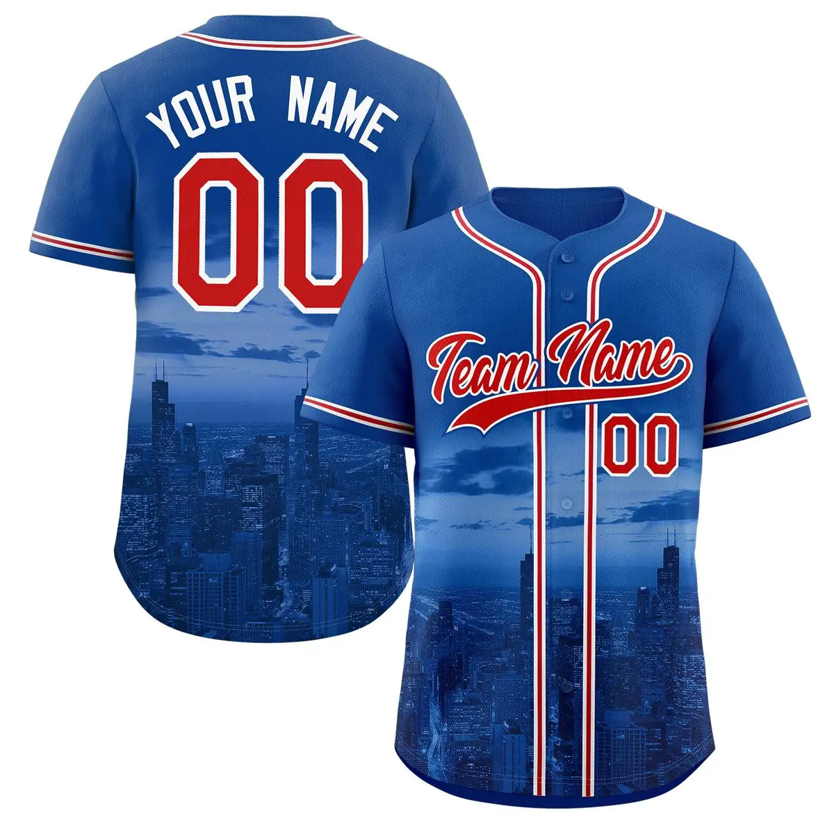 Royal Red-White Chicago City Skyline Baseball Jersey