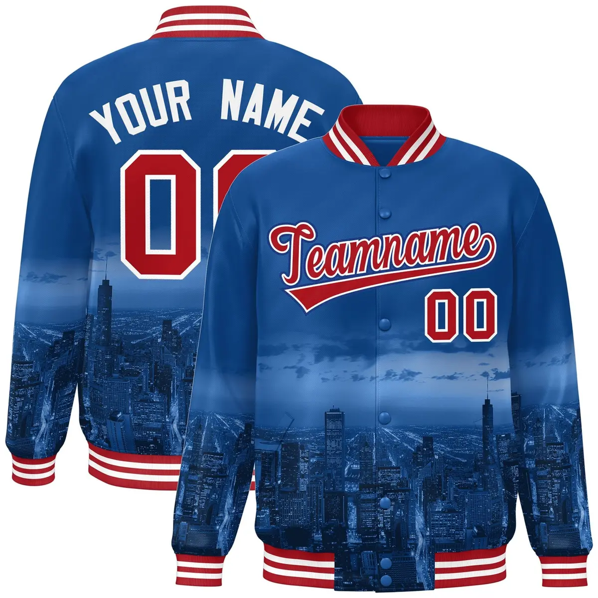 Royal Red-White Chicago City Skyline Varsity Full-Snap Track Jacket