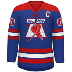 Royal Red White Classic Lace-Up Neck Hockey Jersey 3