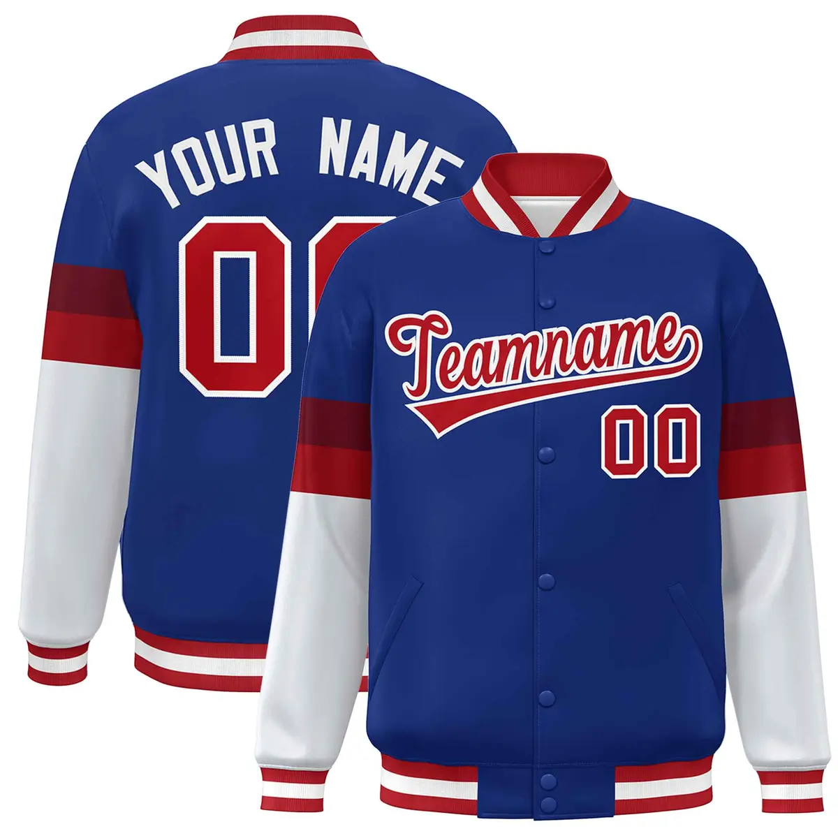 Royal Red-White Color Block Varsity Full-Snap Baseball Jacket