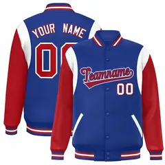 Royal Red-White Color Block Varsity Full-Snap Baseball Jacket