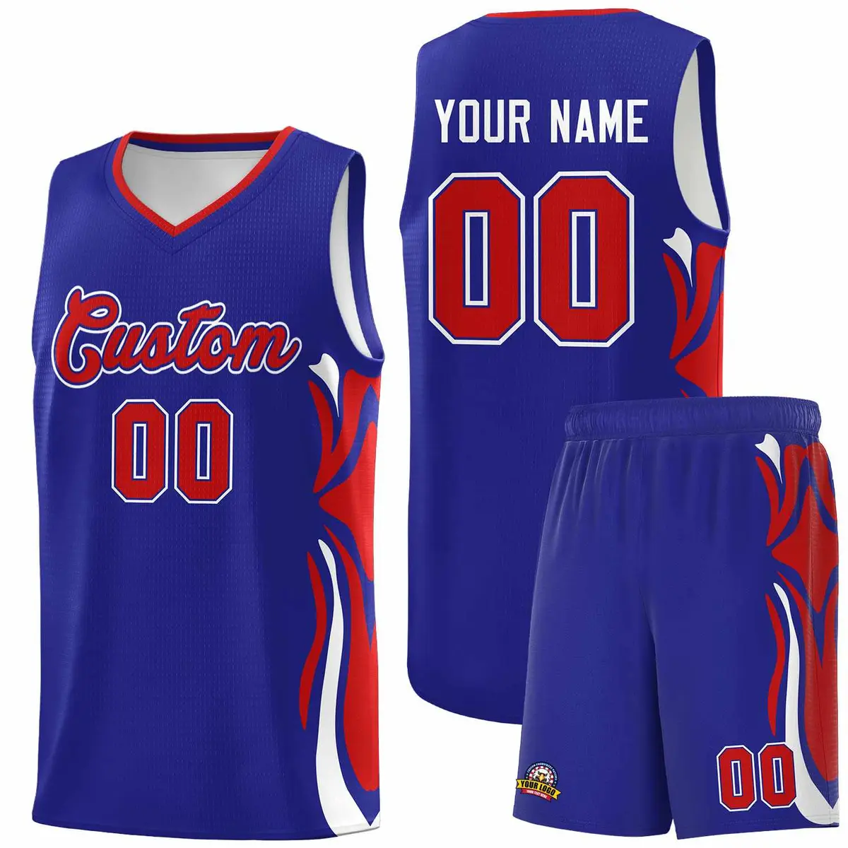 Royal Red White Graffiti Side Curve Basketball Jersey Sets