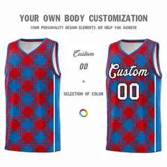 Royal Red-White Grid Basketball Kits For Team 3
