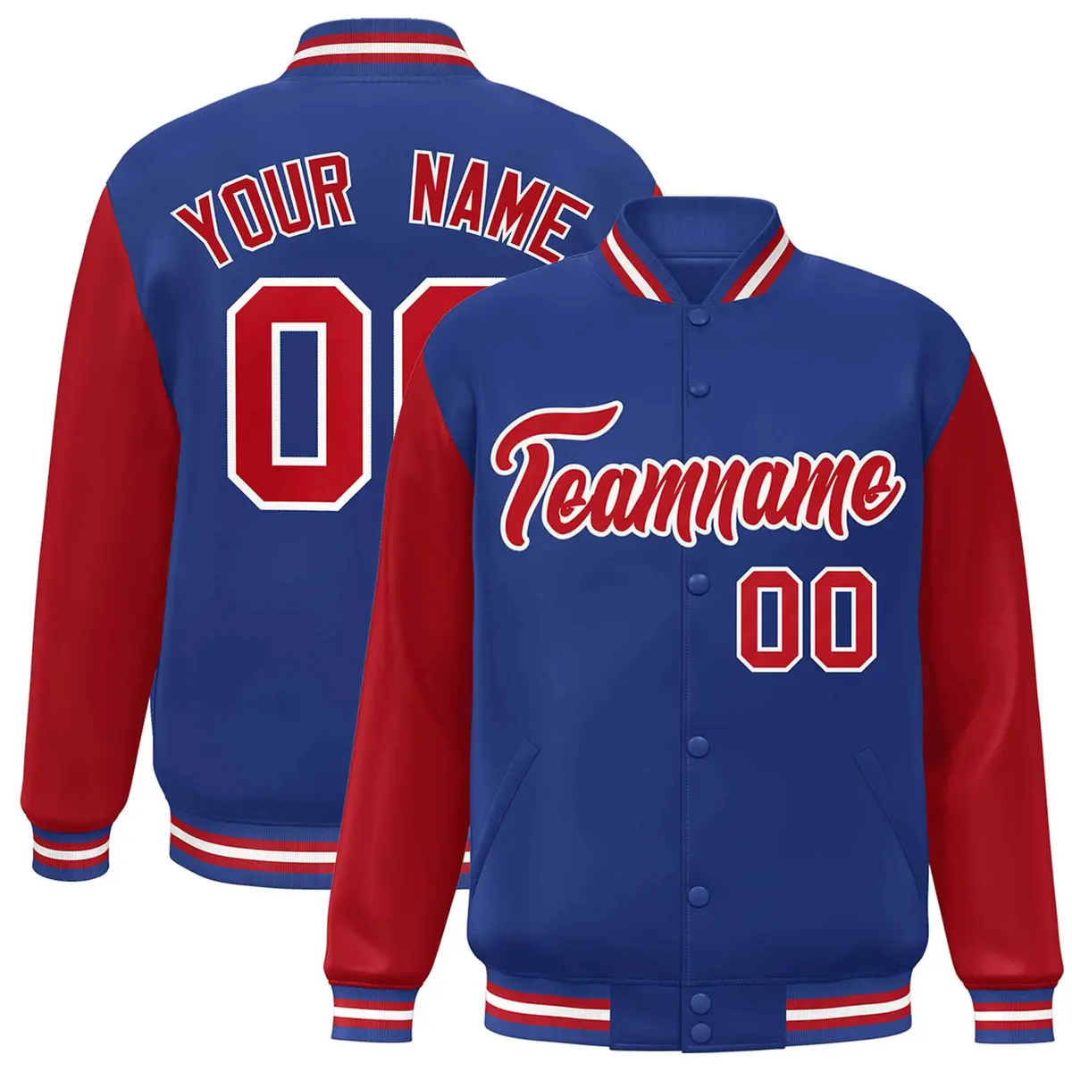 Royal Red White Raglan Varsity Full-Snap Letterman Jacket