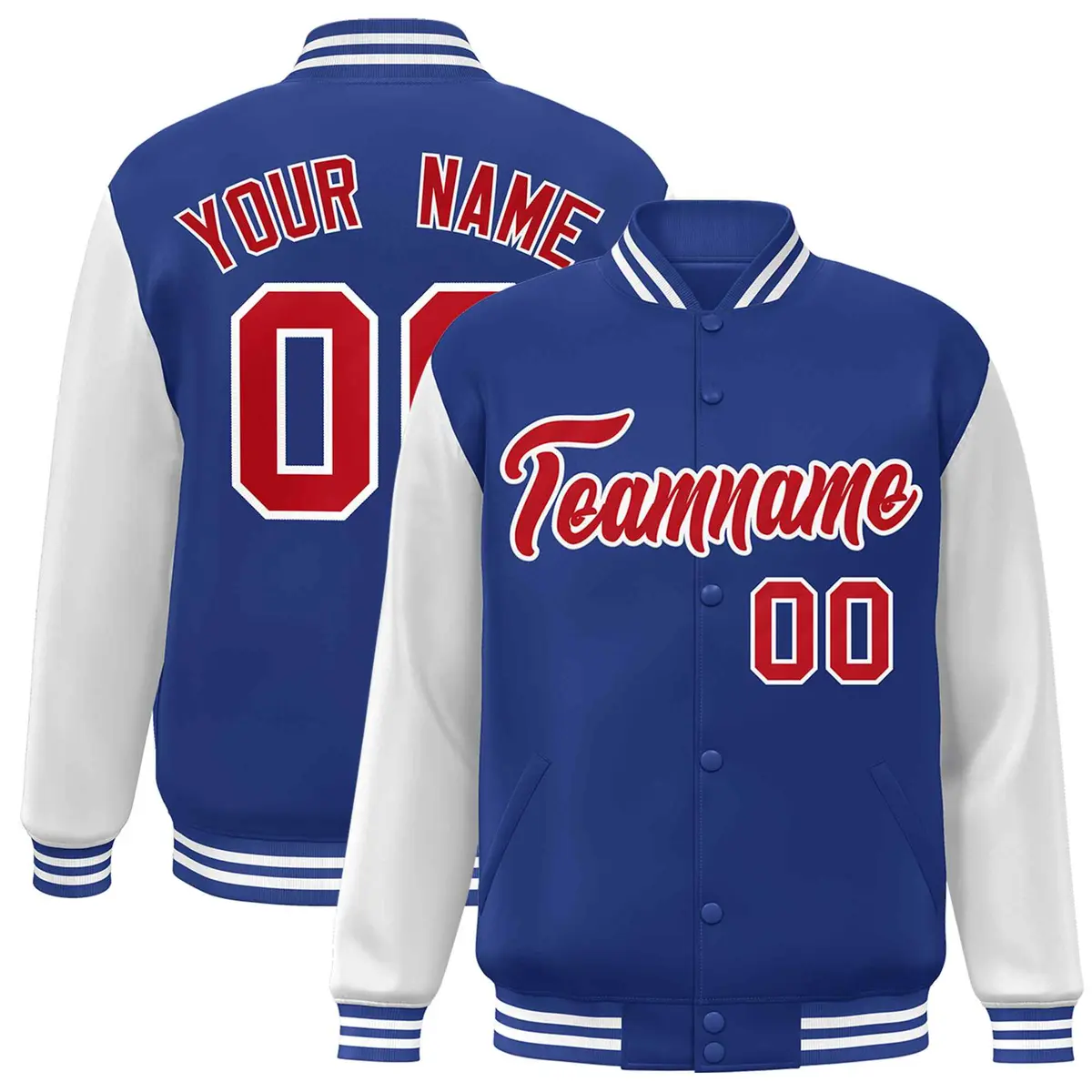 Royal Red White Raglan Varsity Full-Snap Letterman Jacket