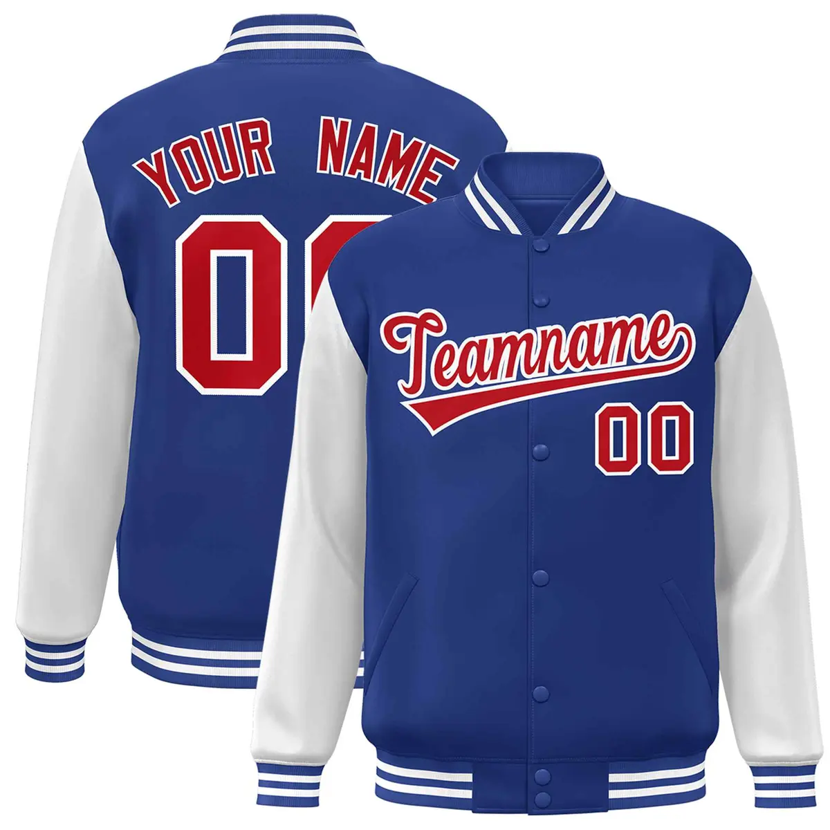 Royal Red White Raglan Varsity Full-Snap Letterman Jacket