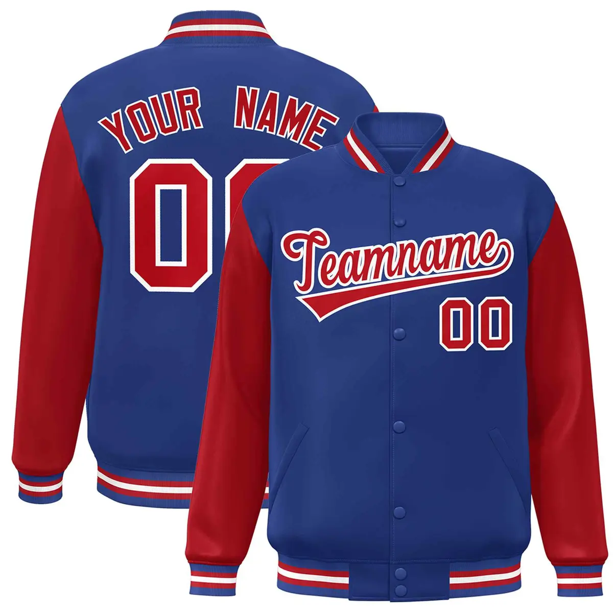 Royal Red White Raglan Varsity Full-Snap Letterman Jacket