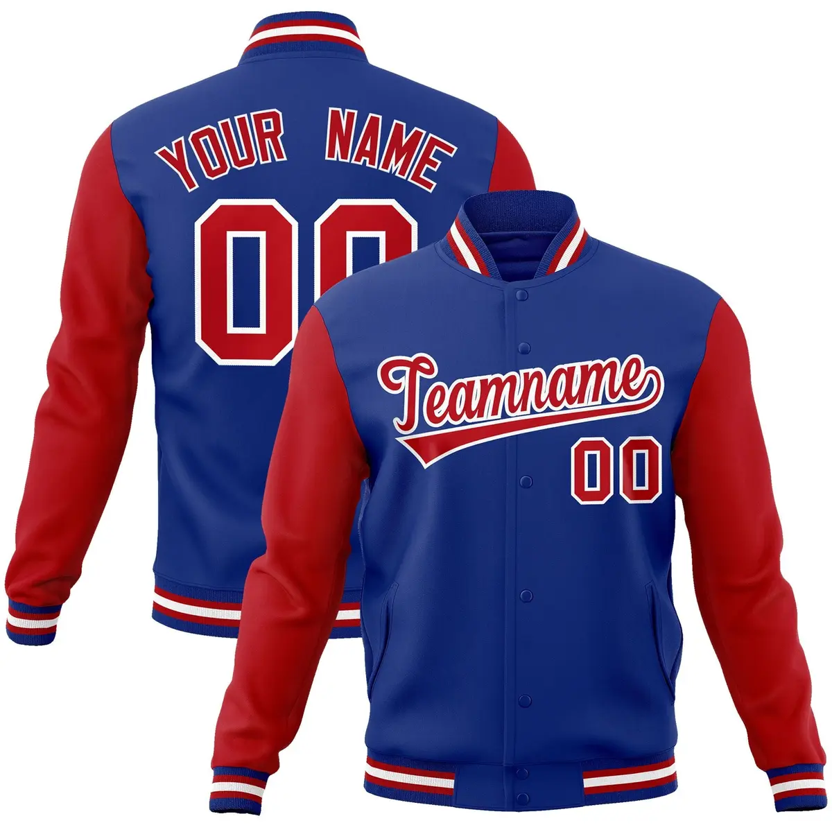 Royal Red White Raglan Varsity Full-Snap Letterman Jacket