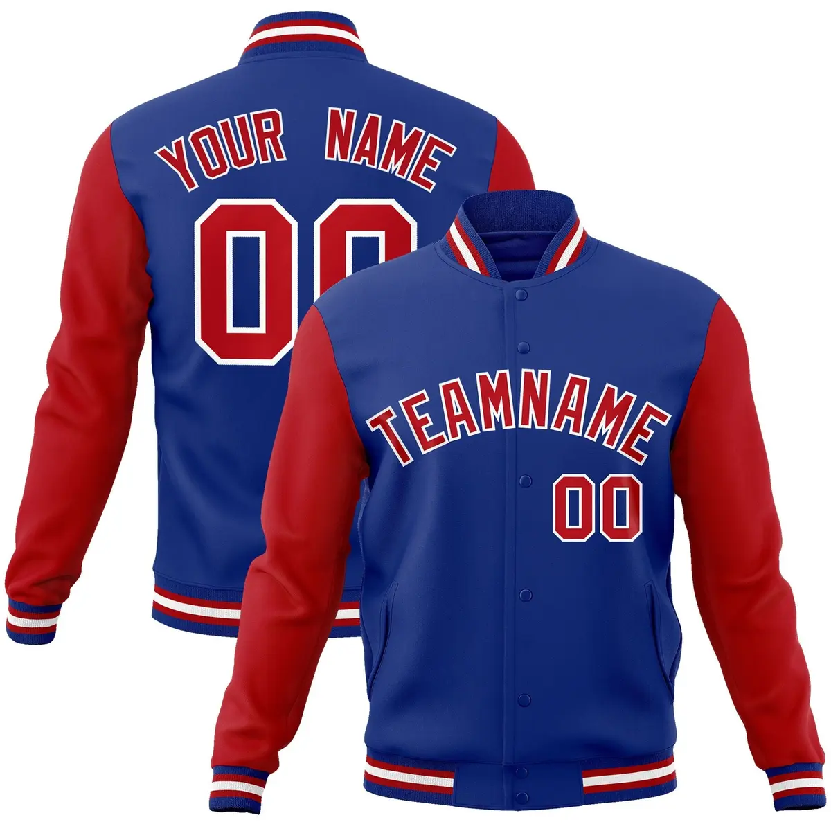 Royal Red White Raglan Varsity Full-Snap Letterman Jacket