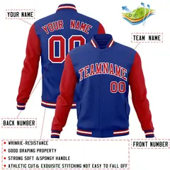 Royal Red White Raglan Varsity Full-Snap Letterman Jacket 4