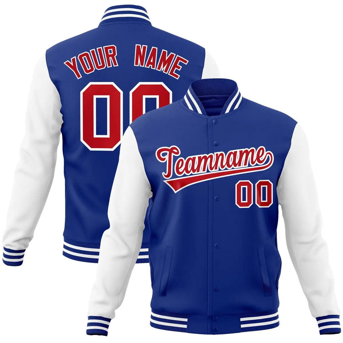 Royal Red White Raglan Varsity Full-Snap Letterman Jacket
